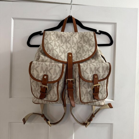 Michael Kors Monogram Canvas Backpack With Leather Trim & Gold Accents - Picture 5 of 12